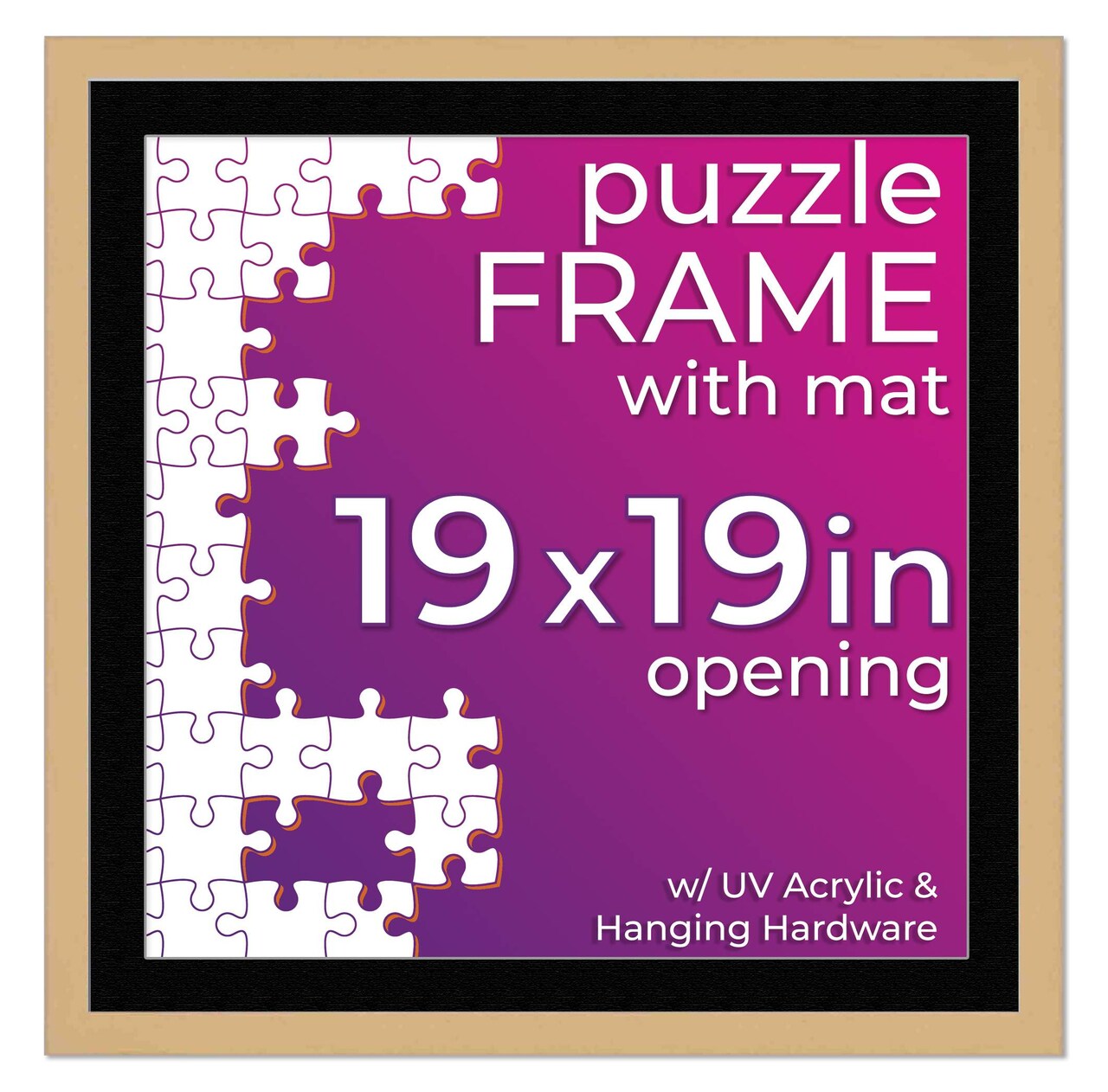 Natural Wood Puzzle Frame Kit with Glue Sheets, Black Mat, Backing, UV Acrylic - Available in 20 Popular Sizes